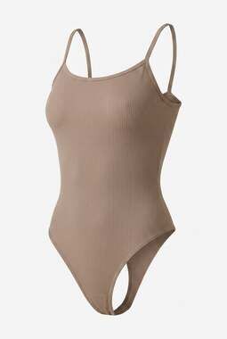 GOQQ Seamless Ribbed Spaghetti Strap Thong Bodysuit Brown Size M